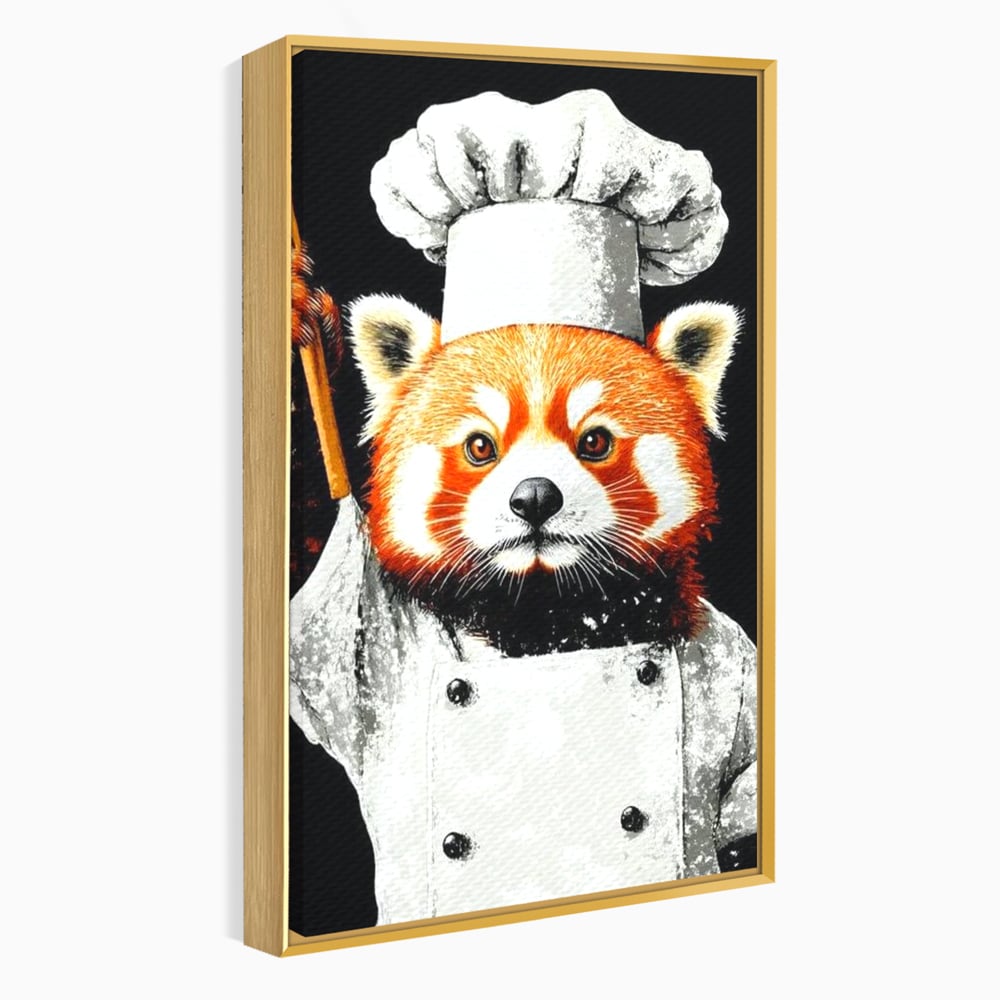 Tablou canvas cu tablou canvas cu panda rosu bucatar, in rama de aluminiu auriu